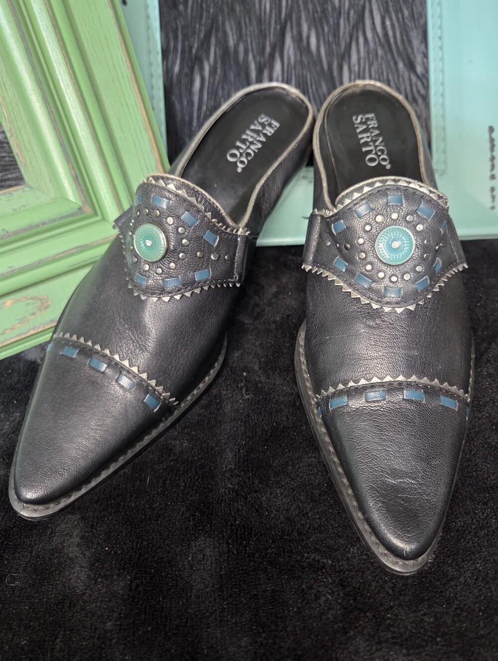 Vntg 90s Franco Sarto Black Leather Western Mules Studded Turquoise Accent Sz 8